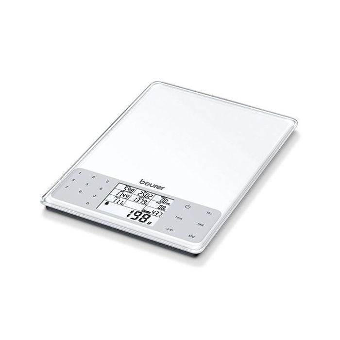 Beurer DS-61 Balanza de Cocina con Análisis Nutricional, Vidrio Ultra Plano, Pantalla LCD, 950 Alimentos