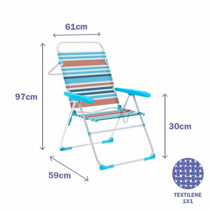 Marbueno Silla Plegable 5 Posiciones Aluminio Rayas Naranjas y Azules Playa y Piscina 59X61X97 cm 10464 1