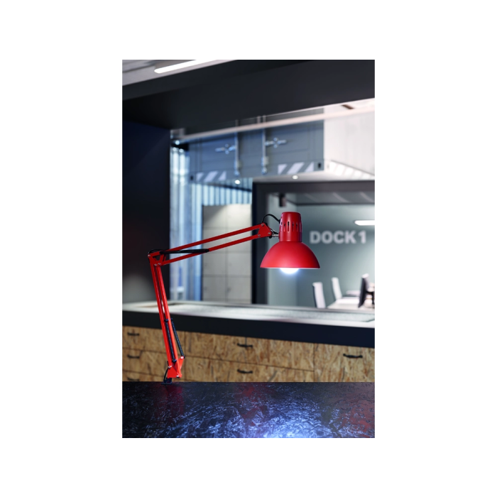 Maul Lámpara de escritorio metal doble brazo 57W cabezal orientable pinza roja 1