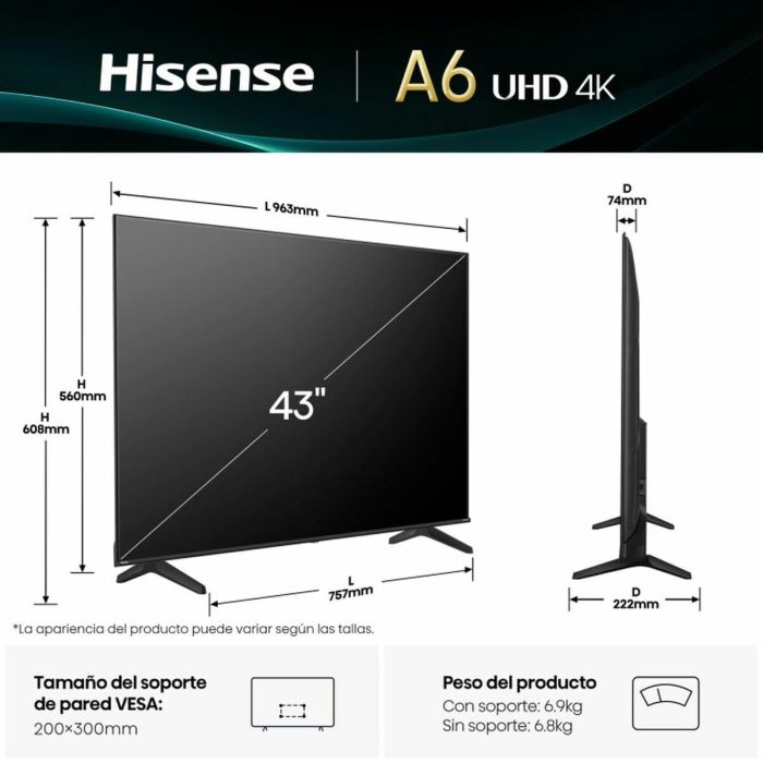 Hisense 43A6Q Televisor 109,2 cm (43") 4K Ultra HD Smart TV Wifi Negro 300 cd / m² 30
