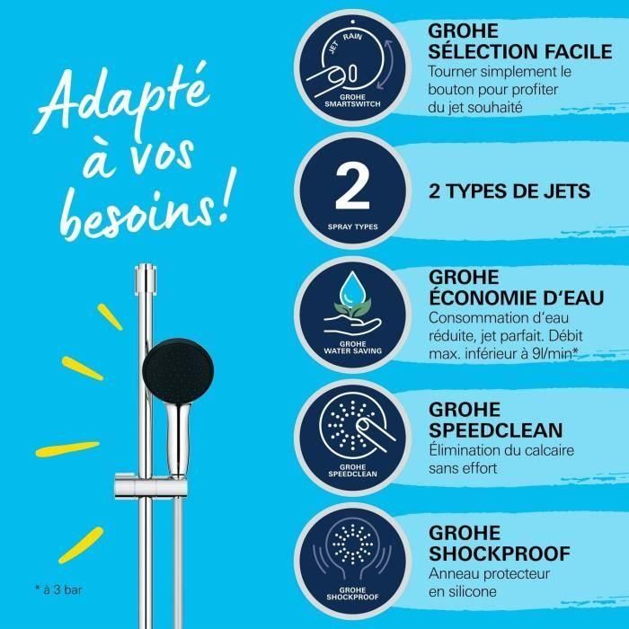 GROHE 26954001 Vitalio Start 110 - Set de ducha con rociador de 2 chorros, barra de 90 cm y flexo, Ahorro de agua, Cromo 2