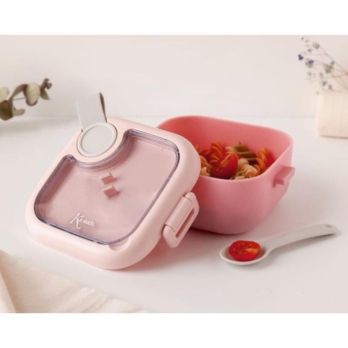 Caja Almuerzo Rosa Con Cuchara Gris