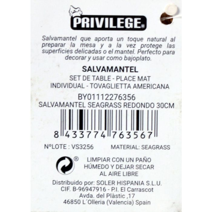 Salvamantel Redondo Seagrass 30 cm Privilege (36 Unidades) 6 Salvamantel Redondo Seagrass 30 cm Privilege (36 Unidades) 6