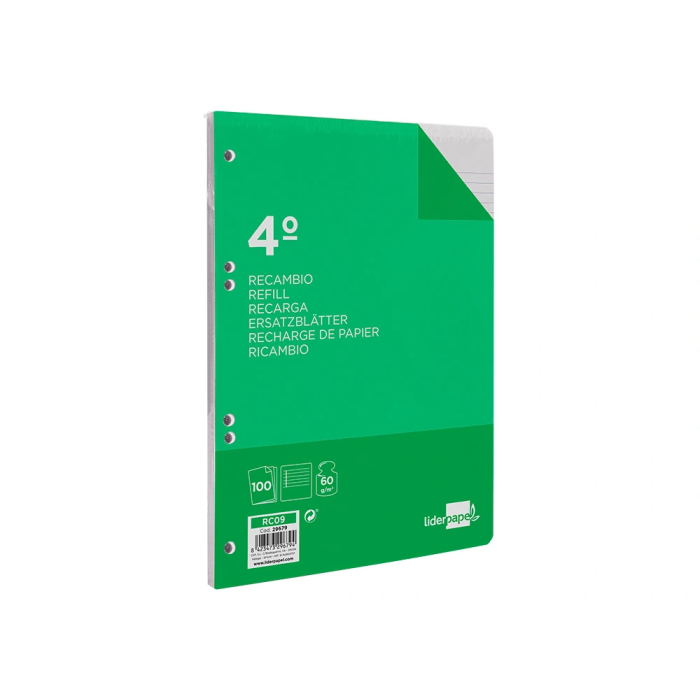 Liderpapel Recambio Cuarto 100 Hojas 60gr Horizontal con Margen 6 Taladros 4