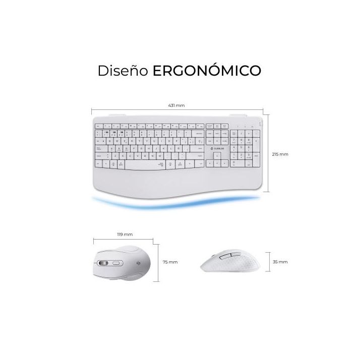 SUBBLIM SUBKBC-DCOPW1 Combo Teclado y Ratón Inalámbrico Ergonómico Dual Bluetooth 5.3/2.4G Recargable QWERTY Español Blanco Oficina 3