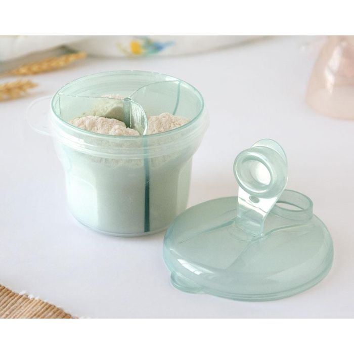 KioKids Dispensador de Leche en Polvo 3 Compartimentos Semitransparentes Sage | Para Bebés +0 Meses, Apto Lavavajillas y Esterilizador