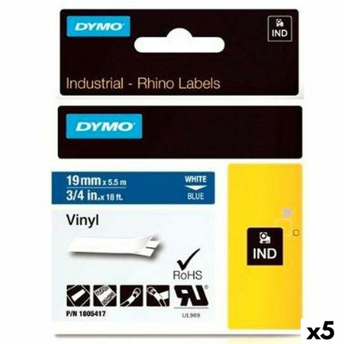 Cinta Laminada para Rotuladoras Dymo Rhino 19 mm x 5,5 m Azul Blanco Vinilo (5 Unidades) Cinta Laminada para Rotuladoras Dymo Rhino 19 mm x 5,5 m Azul Blanco Vinilo (5 Unidades)