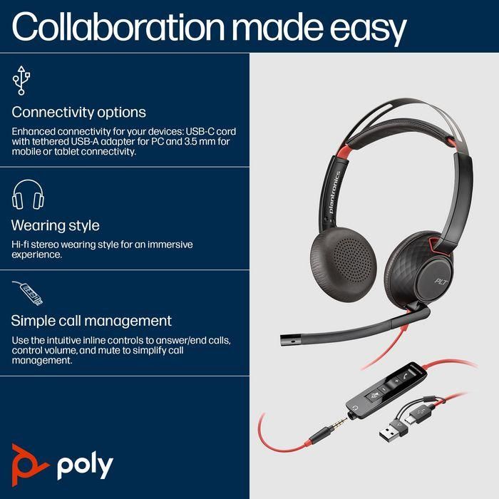 Poly Poly Blackwire C5220 USB-C Headset +Inline Cable (Bulk) 1 Poly Poly Blackwire C5220 USB-C Headset +Inline Cable (Bulk) 1