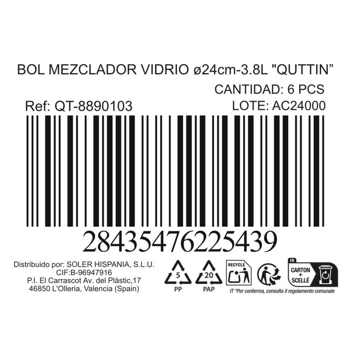 Bol mezclador de vidrio Quttin, 24 cm, 3.8 litros (6 Unidades) 6 Bol mezclador de vidrio Quttin, 24 cm, 3.8 litros (6 Unidades) 6