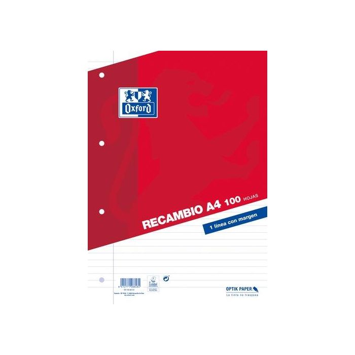 Oxford Recambio Classic 100H A4 Sueltas 1 Línea C-Margen 4 Taladros Rojo - Papel OptikPaper