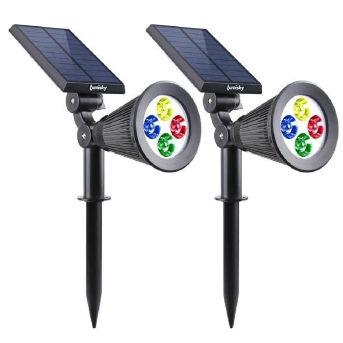 Lumisky 2 Focos Solares Impermeables Exterior con 4 LED RGB, 200 Lúmenes, Cabezal Giratorio 90°, Autonomía 10h, para Suelo o Pared