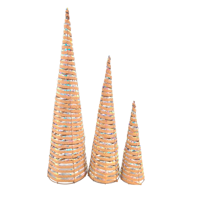 DKD Home Decor Cono Navidad Alpina Decoración Navideña LED, Ratán y PE, Natural Multicolor, 20x20x80 cm, Set 3 Conos (2 Packs)