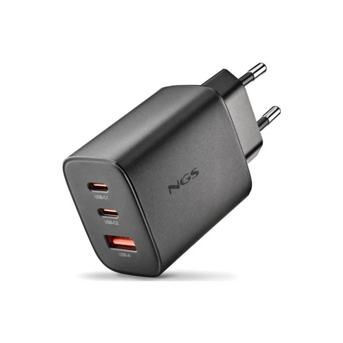 NGS Cargador Pared GaN ERA 65W BLACK 2xUSB Tipo-C, 1xUSB-A Carga Rápida Ultrarrápida 65W