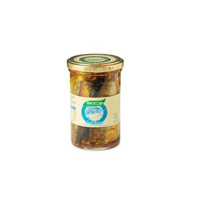 BIOCOP Sardinas Bio en Aceite de Oliva Virgen Extra 195g – Pesca Sostenible en Tarro de Cristal