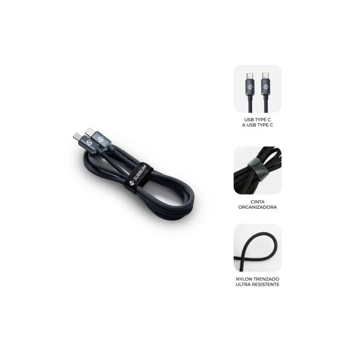 Subblim Cable USB-C a USB-C Optimus 60W 480Mbps 2m Negro Carga Rápida Nylon Trenzado PD