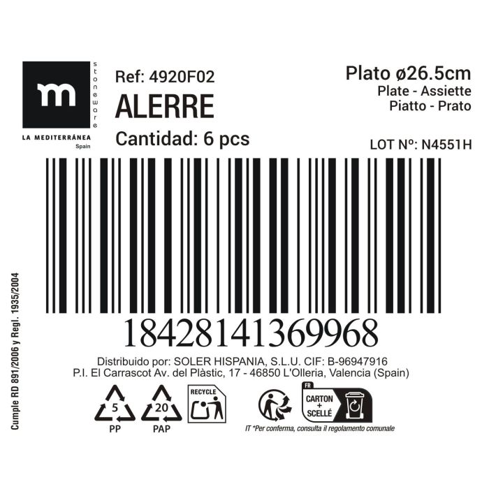 La Mediterranea Plato 26.5 cm "Alerre", Modelo Md, Diametro 26.7 cm, 952 gr por Pieza (12 Unidades)