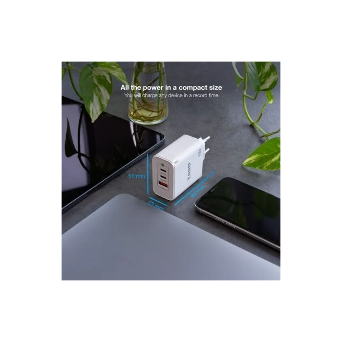 TOOQ CARGADOR DE PARED GaN 2USB-C/PD + USB-A/QC 65W 2