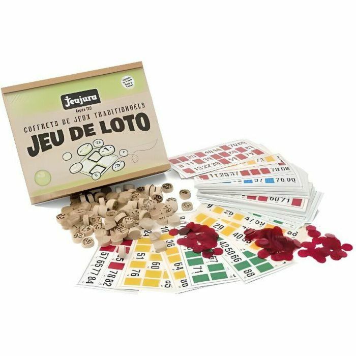 JEUJURA Juego de Lotería Caja de Madera con 48 Cartas, Peones de Madera y Fichas (22x17.5x5.5 cm) – Juego de Mesa Familiar