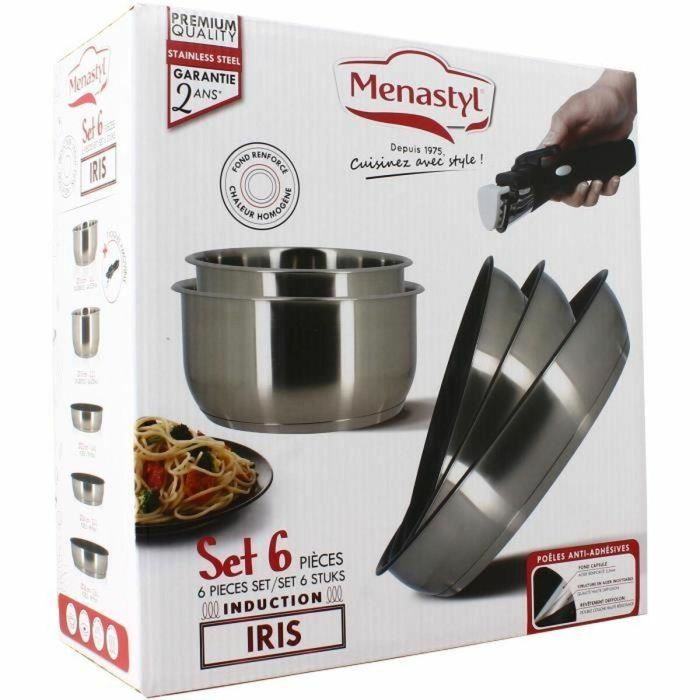 Menastyl 7930018 Batería de Cocina de Inducción de Acero Inoxidable, 6 Piezas con Mango Extraíble, Gris 3