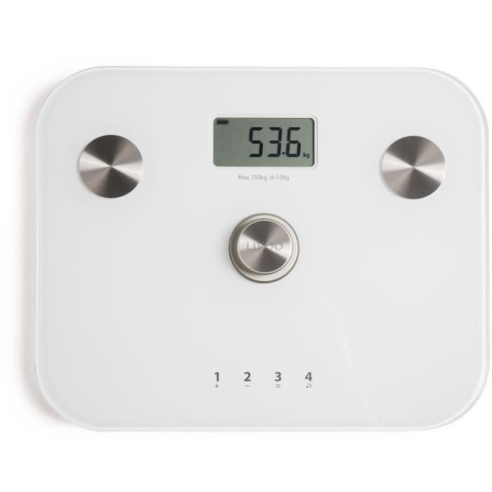 LIVOO DOM465W Báscula de impedancia digital 6 indicadores, 4 perfiles, LCD, máx. 150 kg, sin batería, blanco