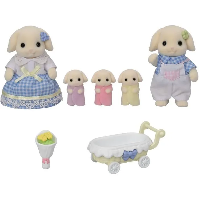 Sylvanian Families Familia Conejo Flor 5735 Incluye 2 Figuras Adulto 3 Trillizos y Carrito 3
