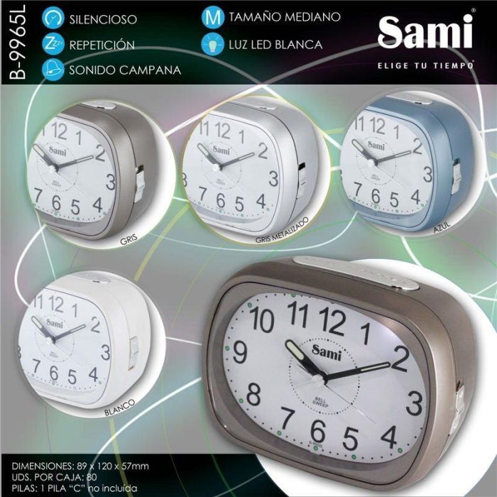 SAMI Despertador Digital Mediano Oval LED con Campana Silenciosa - Color Plata Oscuro