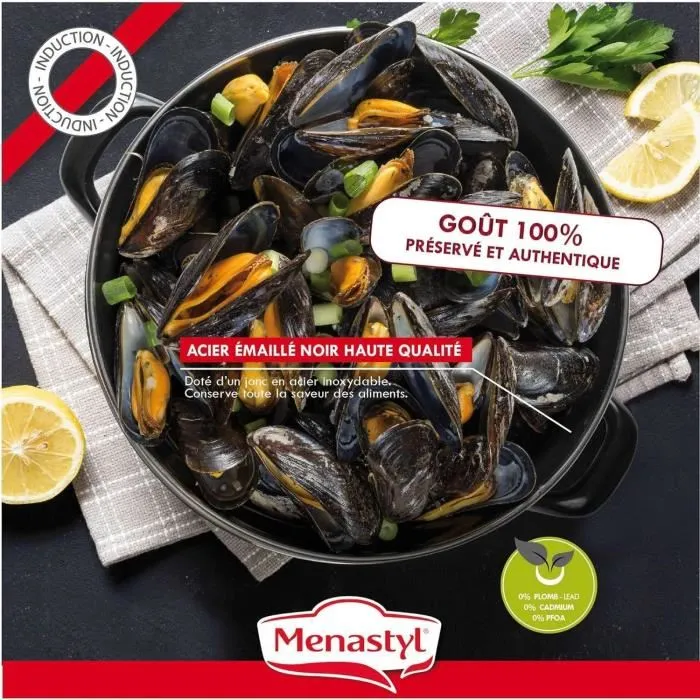 Menastyl 3645562 Olla para Mejillones Acero Esmaltado Negro 18 cm 2,7 Litros Apto para Todo Tipo de Fuegos Inducción 3