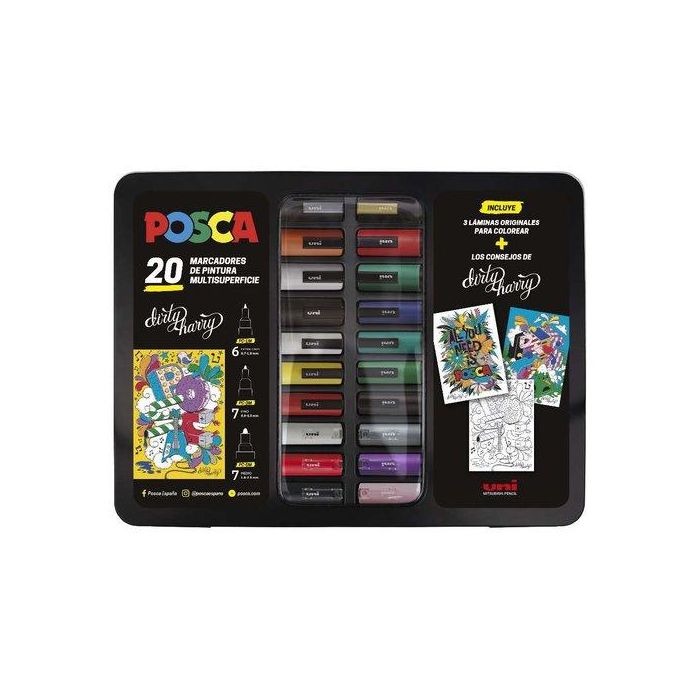 POSCA Maletín Metálico Marcador Surtido 20P - Tinta pigmentada base al agua, No tóxico, Variedad de colores