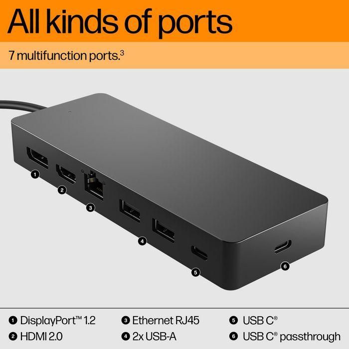 HP Universal USB-C Hub Multiport 7 Puertos, Cargador para Portátil y Estación de Acoplamiento Dual 4K HDMI DisplayPort 5