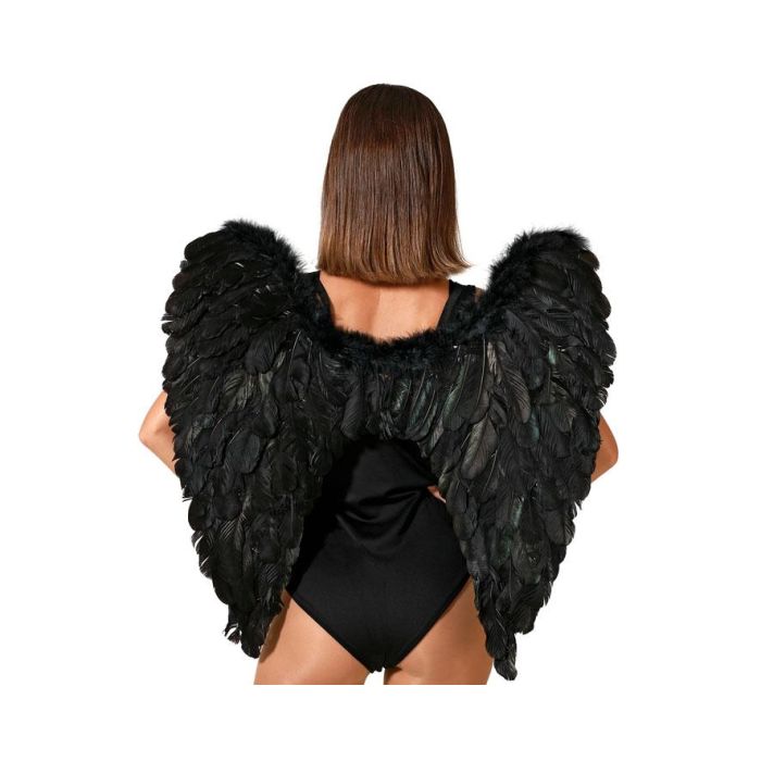 Alas Negras Grandes para Disfraz de Halloween 65x65 cm, con Efecto Plumas Sintéticas de Ángel Caído o Demonio