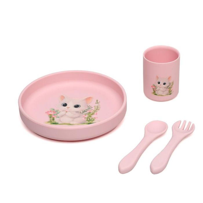 KioKids Set Vajilla Rosa de Silicona con Ventosa para Bebé, 4 Piezas, Plato Tenedor Cuchara y Vaso, Colección Lovely Friends, Edad +6 Meses