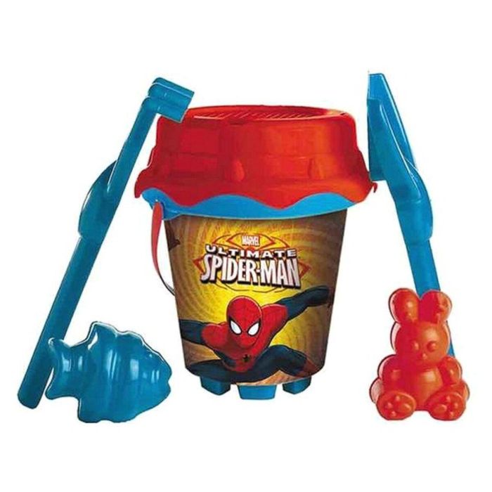 Cubo playa castillo spiderman con cedazo, pala, rastrillo y moldes 18 cm