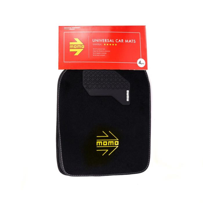 MOMO MOMLCM015BY Set 4 Alfombrillas Universales para Coche Negras con Logo Amarillo Poliester PVC Antideslizantes Reforzadas 5