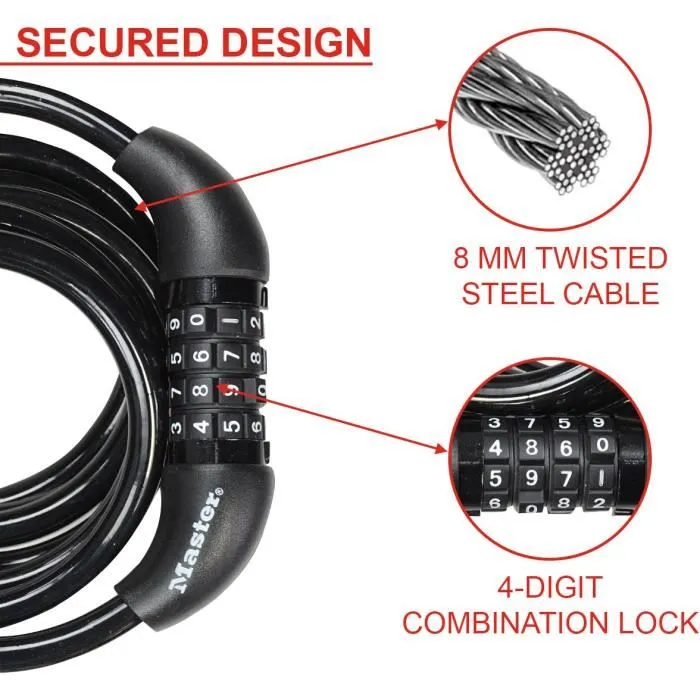 Master Lock Candado Bicicleta 8221EURDPRO Cable Trenzado 1,8m Combinación Programable 2