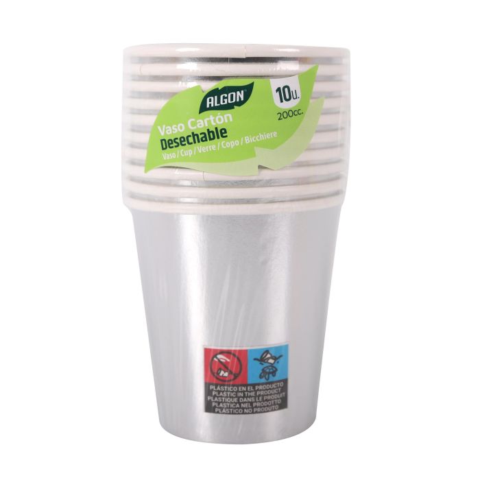 Set de 10 vasos de cartón plata 200 cc Algon (36 Cajas) 1 Set de 10 vasos de cartón plata 200 cc Algon (36 Cajas) 1