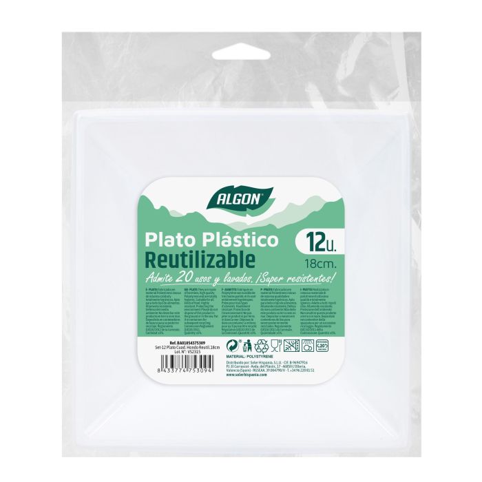 Set de 12 platos hondo cuadrados de plástico premium Algon 18 cm (24 Cajas) 1 Set de 12 platos hondo cuadrados de plástico premium Algon 18 cm (24 Cajas) 1