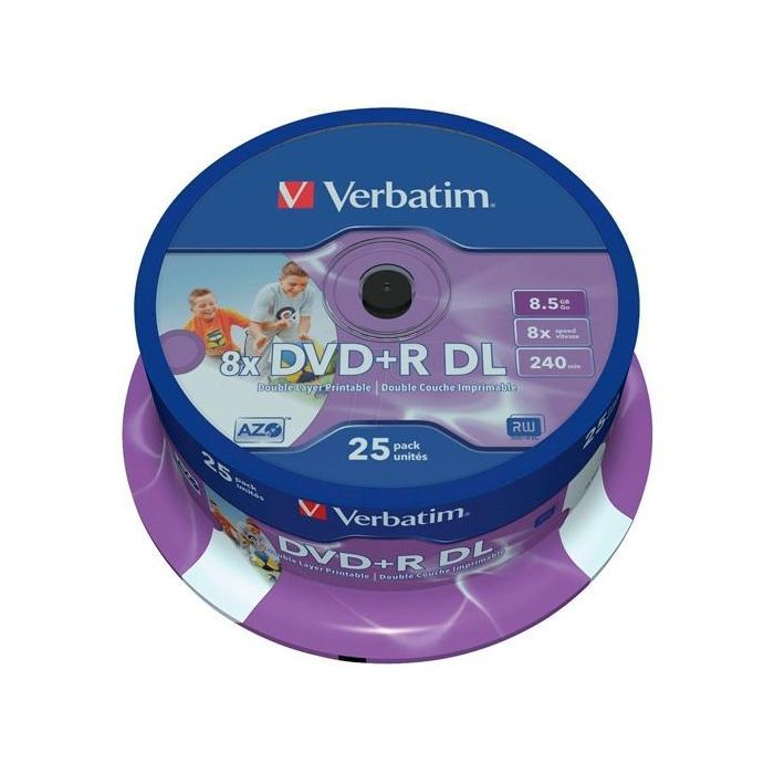 Verbatim Dvd+R Doble Capa, 8.5 grb, 8X, 25 Pack Spindle, Superficie Matt Inkjet Printable 21 118 mm Verbatim Dvd+R Doble Capa, 8.5 grb, 8X, 25 Pack Spindle, Superficie Matt Inkjet Printable 21 118 mm