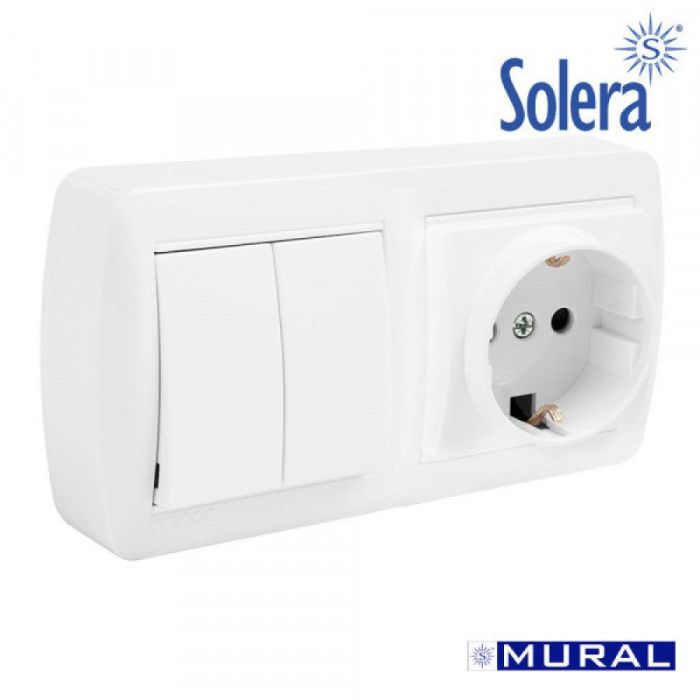 Solera Base 2p+t tipo f bipolar con t/tl, doble conmutador y con obturador, superficie mural 148x72x42mm, blanco 1 Solera Base 2p+t tipo f bipolar con t/tl, doble conmutador y con obturador, superficie mural 148x72x42mm, blanco 1