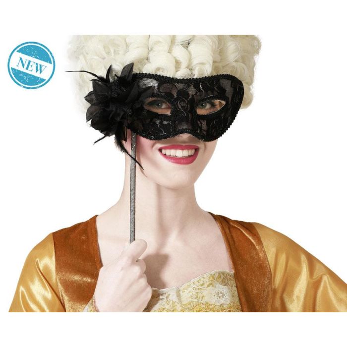 Antifaz Veneciano Negro De Encaje Con Flor Y Palo Decorativo Antifaz Veneciano Negro De Encaje Con Flor Y Palo Decorativo