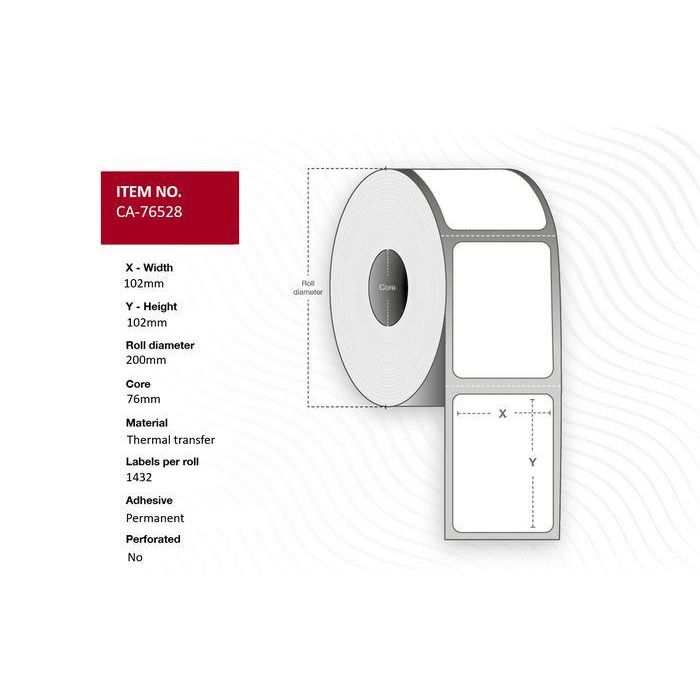 Capture Label 102 x 102mm, Core 76mm, Thermal Transfer, Coated, Permanent, No perforation, 1432 labels per roll, 4 rolls per box. Equal to p/n: 76528 Capture Label 102 x 102mm, Core 76mm, Thermal Transfer, Coated, Permanent, No perforation, 1432 labels per roll, 4 rolls per box. Equal to p/n: 76528