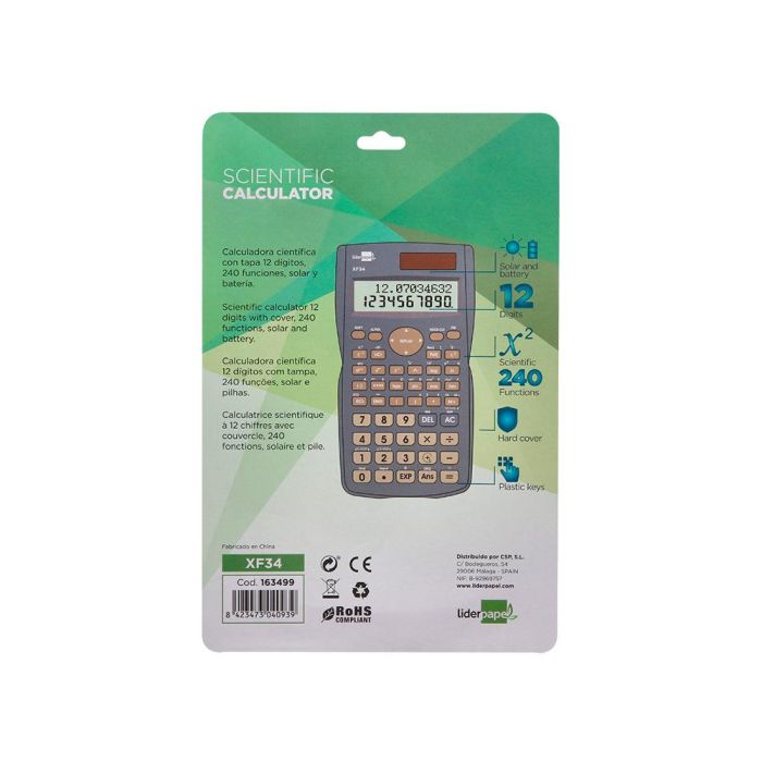 Calculadora Liderpapel Cientifica Xf34 12 Digitos 240 Funciones Con Tapa Solar Y Pilas Color Gris 156x85x20 7