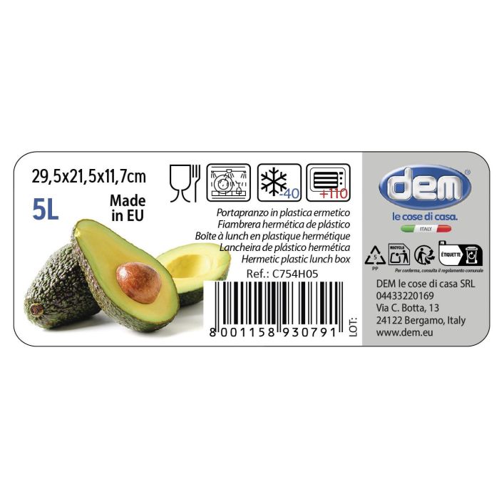 Dem Fiambrera Hermética Rectangular 5L Apta Microondas 29.5x21.5x11.7 cm (8 Unidades)
