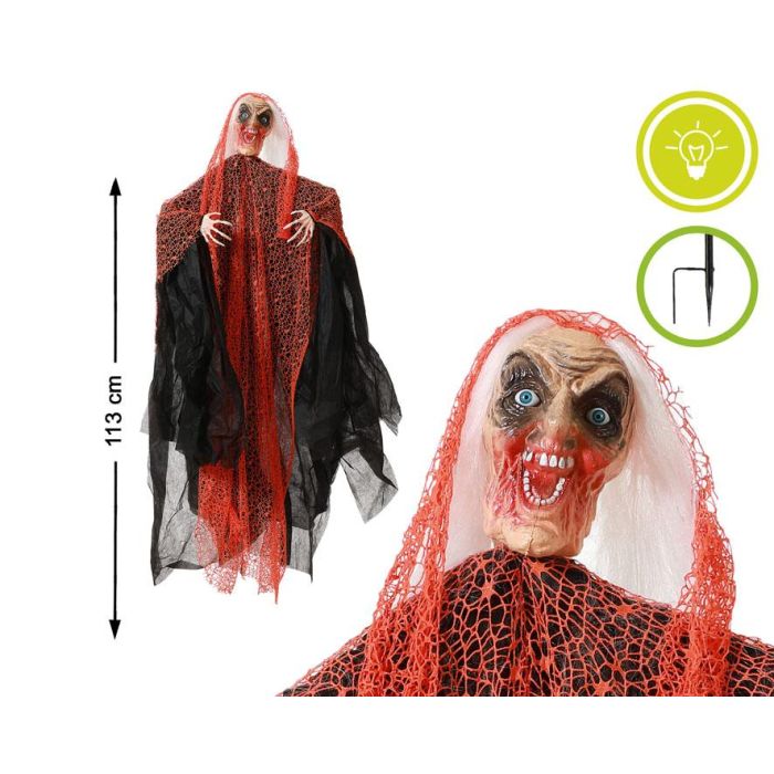 Figura De Bruja Con Luz Y Malla Negra Decorativa Halloween 113 cm