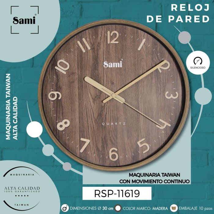 SAMI Reloj de Pared Decorativo Redondo, 30 cm, Madera Oscuro