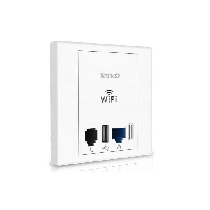 ADAPTADOR DE ENCHUFE TENDA W6 - VALIDO PARA PARED - WiFi N 300MBPS - 2XPUERTOS DE RED - 1XUSB 2.0 (CARGA) - 1XRJ11 - INCLUYE CAJA PARA EMPOTRAR