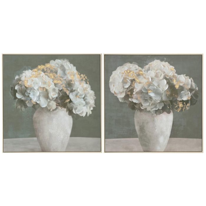 DKD Home Decor Cuadro Shabby Lienzo Verde Menta Gris 82x82 cm Florero Hortensia (2 Unidades)