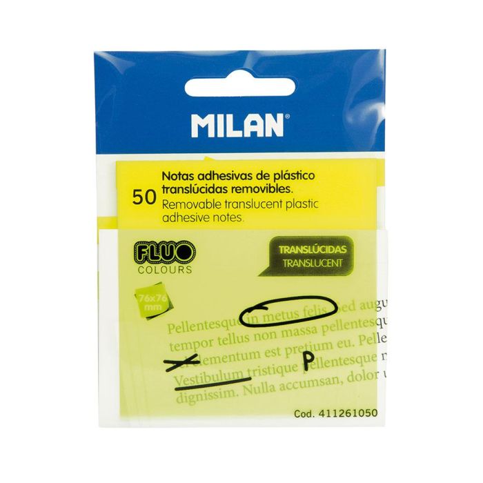 Milan Bloc Notas Adhesivas Removibles 50H 76x76 Plástico Translúcidas Amarillo Fluorescente Milan Bloc Notas Adhesivas Removibles 50H 76x76 Plástico Translúcidas Amarillo Fluorescente