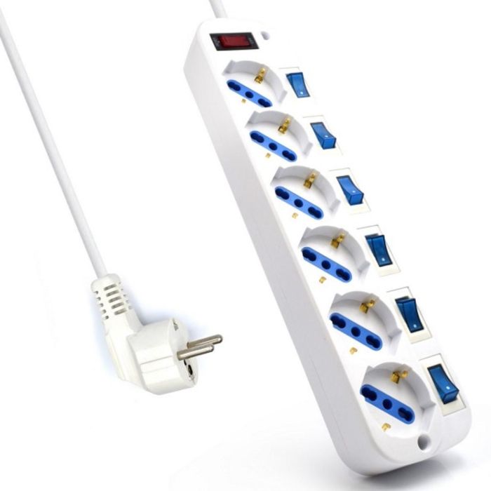 Ewent EW3932-5M Limitador de Tensión Blanco 6 Salidas AC Tipo F, 3500W, Cable 5m, Interruptor y Montaje en Pared