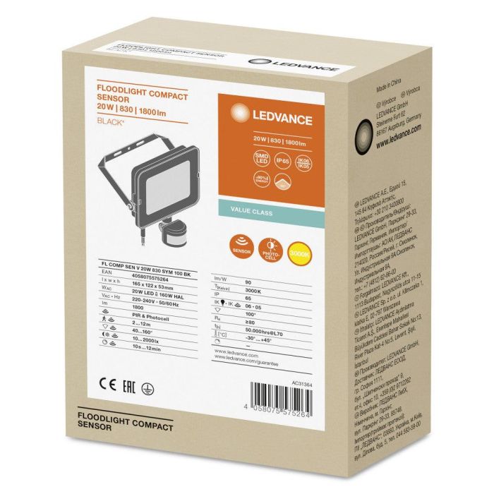 [LVE-4058075575264] Foco Proyector LED Ledvance 20W 1800Lm 3000K 100 x 100º IP65 Sensor 1
