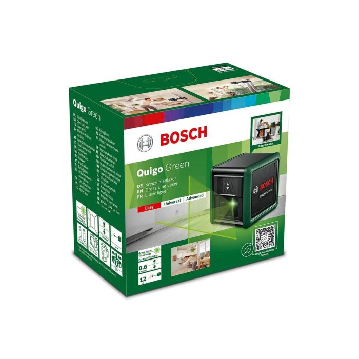 Bosch Quigo verde Nivel Láser de Líneas Cruzadas Autonivelante Haz Verde Alcance 12m Alta Visibilidad Incluye 2 Pilas 6